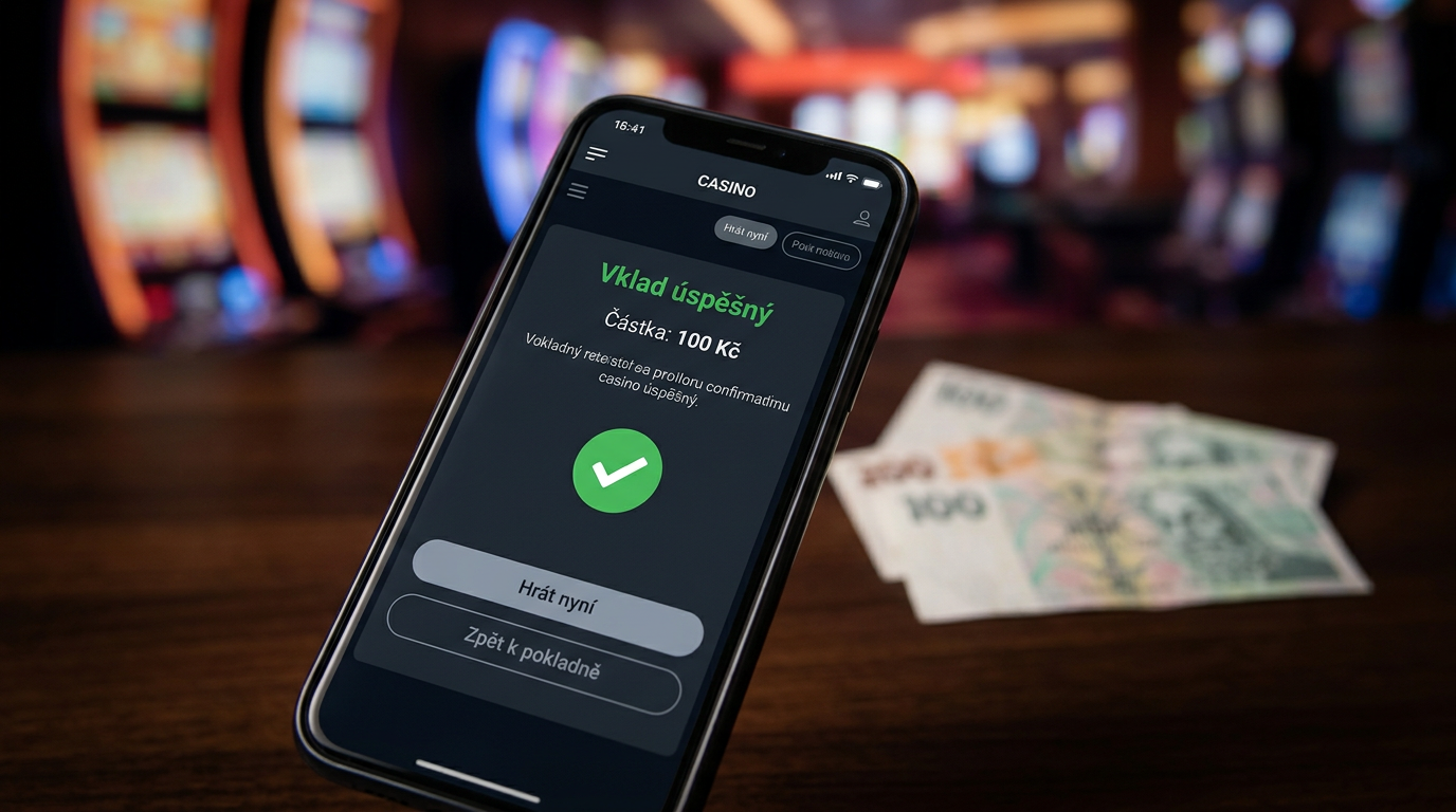Detail chytrého telefonu se zprávou o úspěšném vkladu 100 Kč v online kasinu